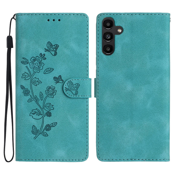 For Samsung Galaxy S25 5G Flower Butterfly Embossing Pattern Leather Phone Case(Sky Blue)