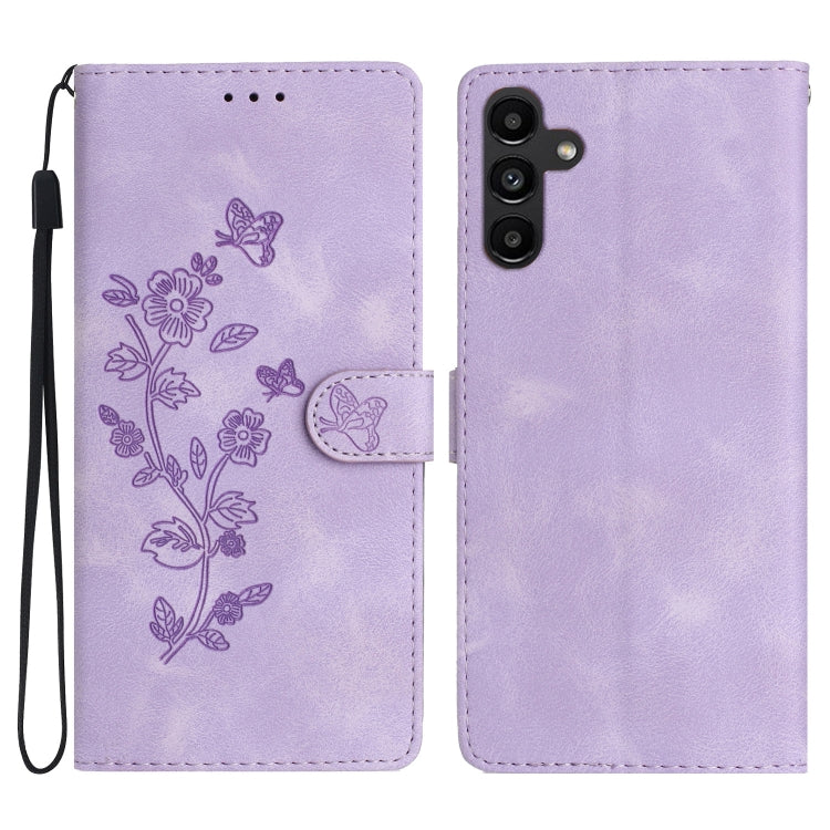 For Samsung Galaxy S25 5G Flower Butterfly Embossing Pattern Leather Phone Case(Purple)