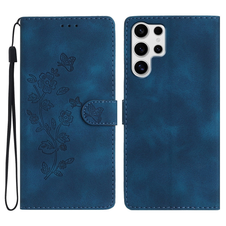 For Samsung Galaxy S25 Ultra 5G Flower Butterfly Embossing Pattern Leather Phone Case(Blue)
