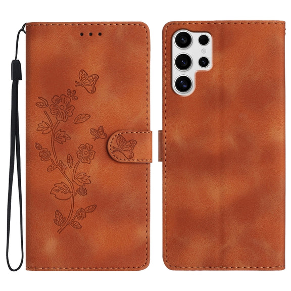 For Samsung Galaxy S25 Ultra 5G Flower Butterfly Embossing Pattern Leather Phone Case(Brown)
