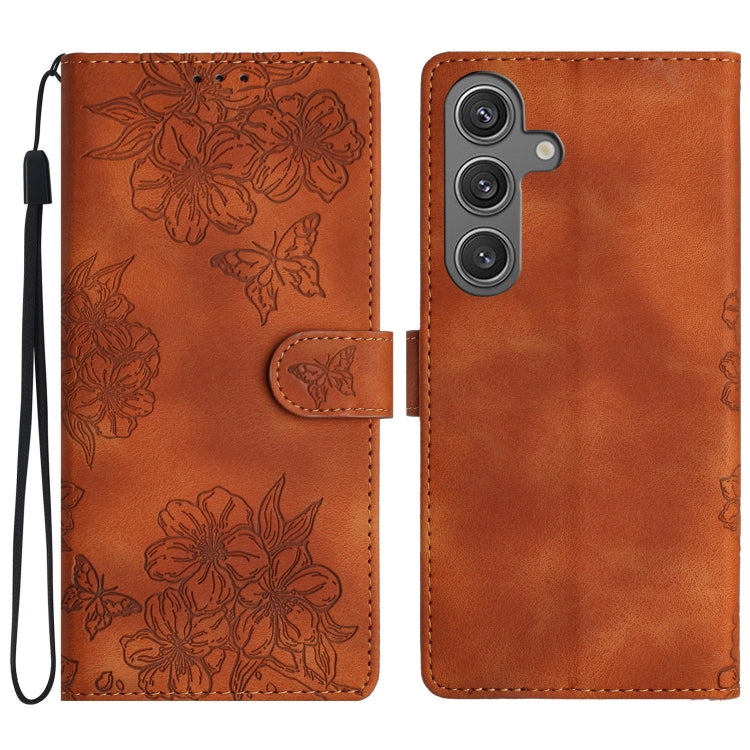 For Samsung Galaxy S25 5G Cherry Blossom Butterfly Skin Feel Embossed PU Phone Case(Brown)