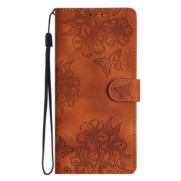 For Samsung Galaxy S25 5G Cherry Blossom Butterfly Skin Feel Embossed PU Phone Case(Brown)