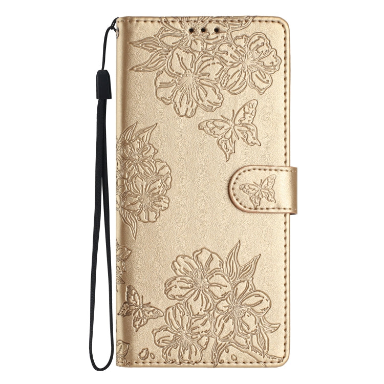 For Samsung Galaxy S25 5G Cherry Blossom Butterfly Skin Feel Embossed PU Phone Case(Gold)