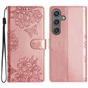 For Samsung Galaxy S25 5G Cherry Blossom Butterfly Skin Feel Embossed PU Phone Case(Rose Gold)