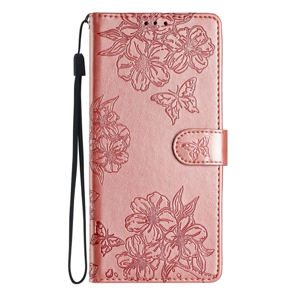 For Samsung Galaxy S25 5G Cherry Blossom Butterfly Skin Feel Embossed PU Phone Case(Rose Gold)