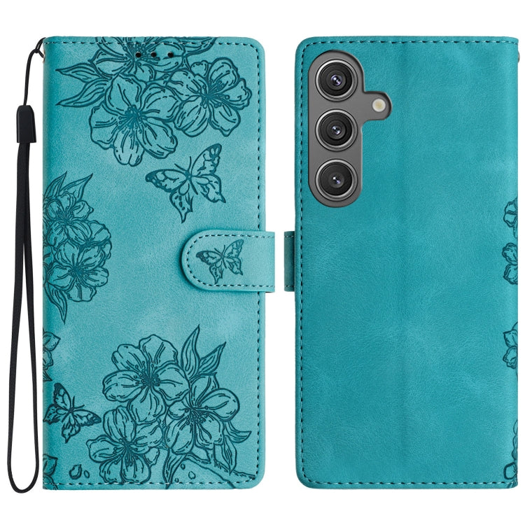 For Samsung Galaxy S25+ 5G Cherry Blossom Butterfly Skin Feel Embossed PU Phone Case(Green)