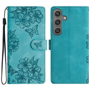 For Samsung Galaxy S25+ 5G Cherry Blossom Butterfly Skin Feel Embossed PU Phone Case(Green)