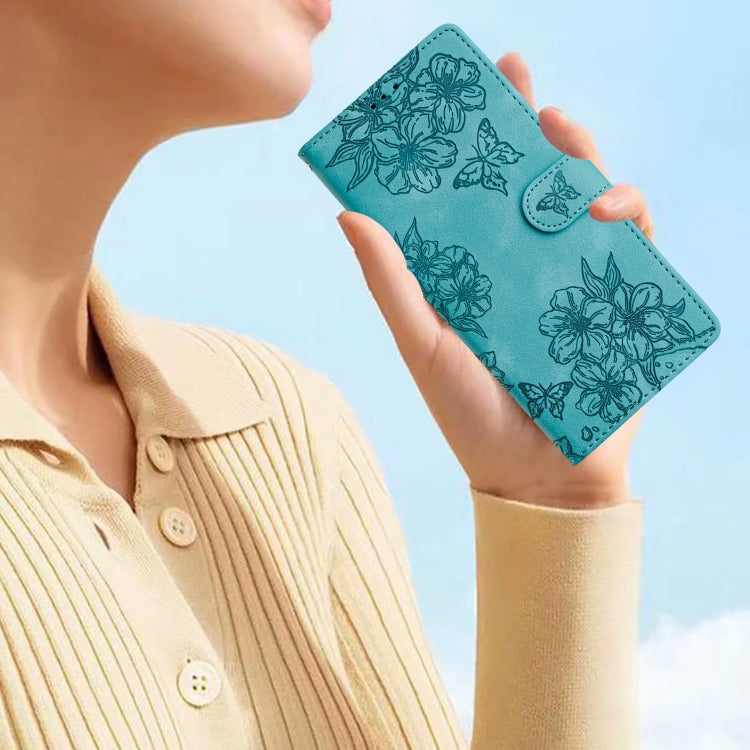 For Samsung Galaxy S25+ 5G Cherry Blossom Butterfly Skin Feel Embossed PU Phone Case(Green)
