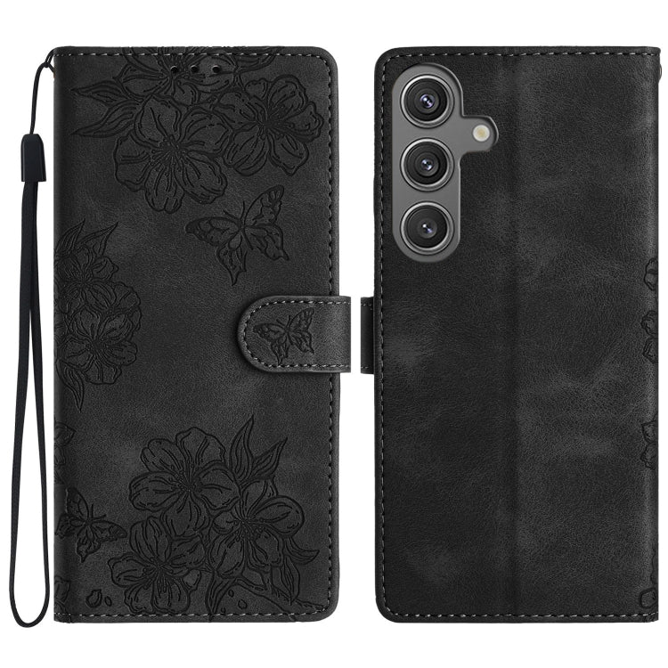 For Samsung Galaxy S25+ 5G Cherry Blossom Butterfly Skin Feel Embossed PU Phone Case(Black)