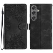 For Samsung Galaxy S25+ 5G Cherry Blossom Butterfly Skin Feel Embossed PU Phone Case(Black)