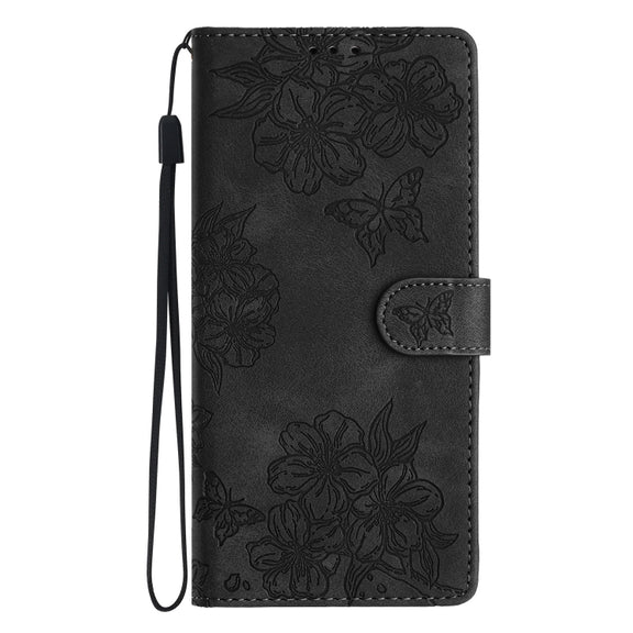For Samsung Galaxy S25+ 5G Cherry Blossom Butterfly Skin Feel Embossed PU Phone Case(Black)