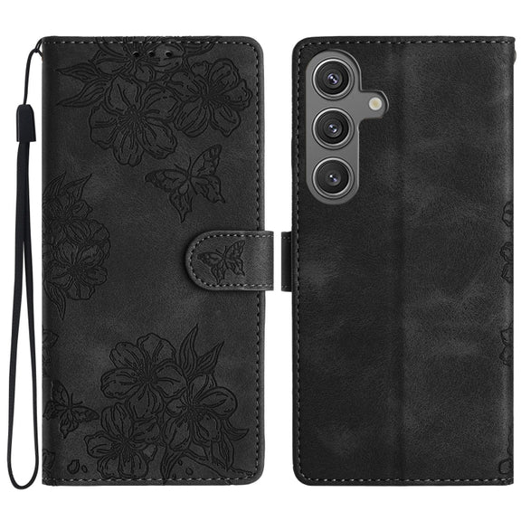 For Samsung Galaxy S25+ 5G Cherry Blossom Butterfly Skin Feel Embossed PU Phone Case(Black)