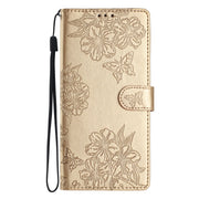 For Samsung Galaxy S25+ 5G Cherry Blossom Butterfly Skin Feel Embossed PU Phone Case(Gold)