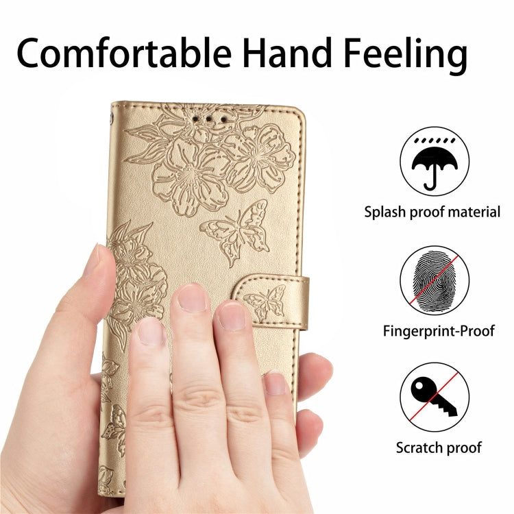 For Samsung Galaxy S25+ 5G Cherry Blossom Butterfly Skin Feel Embossed PU Phone Case(Gold)