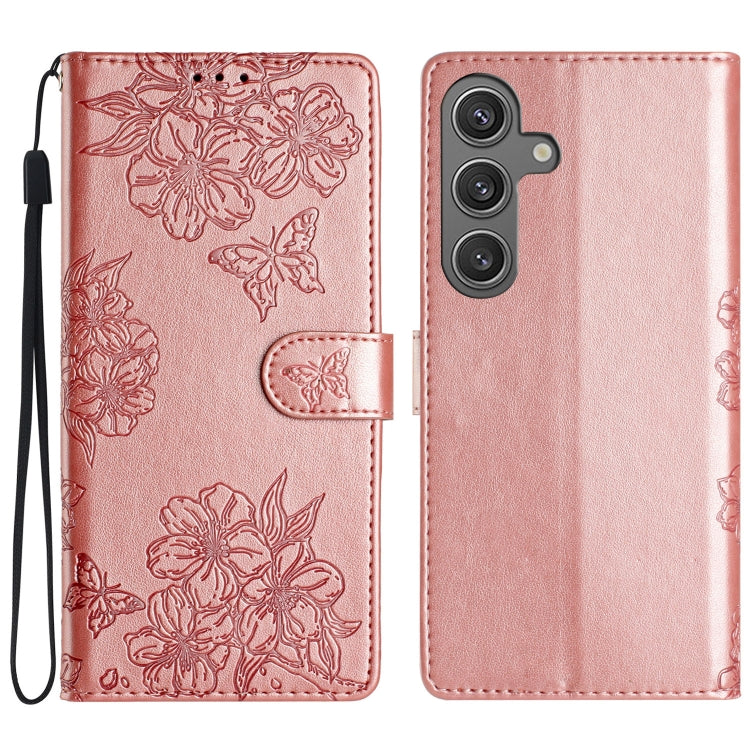 For Samsung Galaxy S25+ 5G Cherry Blossom Butterfly Skin Feel Embossed PU Phone Case(Rose Gold)