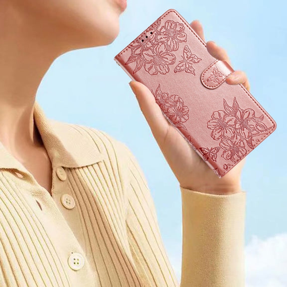 For Samsung Galaxy S25+ 5G Cherry Blossom Butterfly Skin Feel Embossed PU Phone Case(Rose Gold)