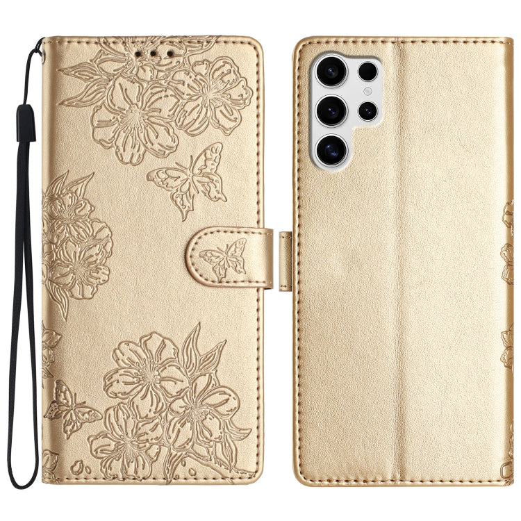 For Samsung Galaxy S25 Ultra 5G Cherry Blossom Butterfly Skin Feel Embossed PU Phone Case(Gold)