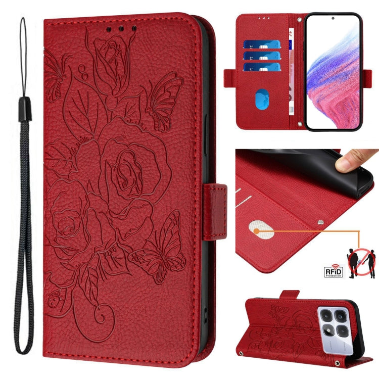 For Redmi K70 Ultra 5G Global Embossed Rose RFID Anti-theft Leather Phone Case(Red)
