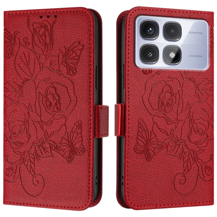 For Redmi K70 Ultra 5G Global Embossed Rose RFID Anti-theft Leather Phone Case(Red)