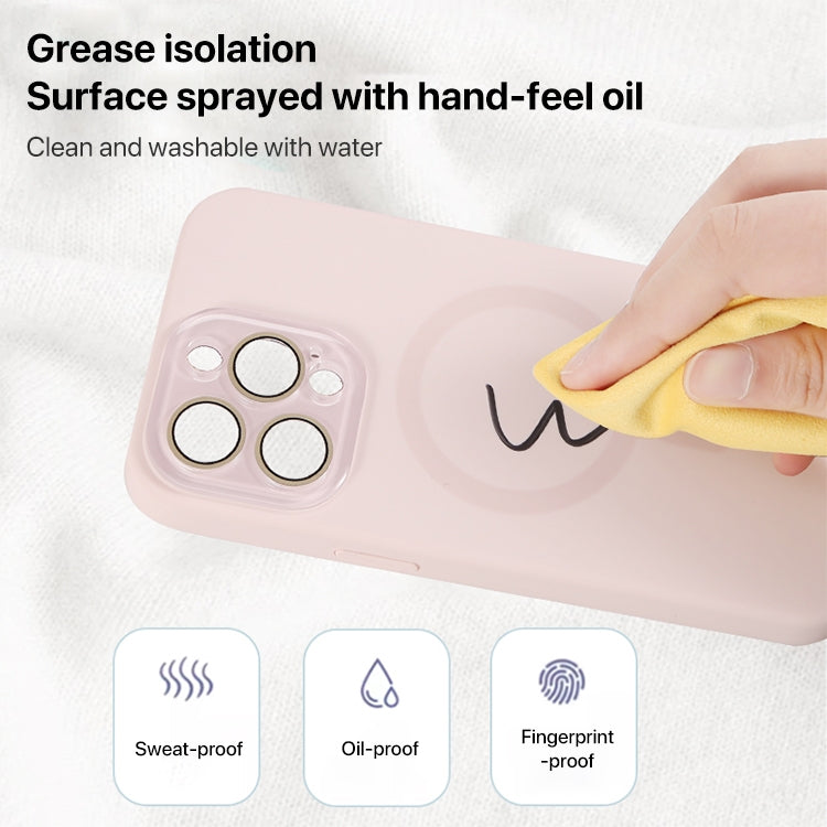 For iPhone 16 Liquid Silicone MagSafe Full Coverage Phone Case with Lens Film(Pink)