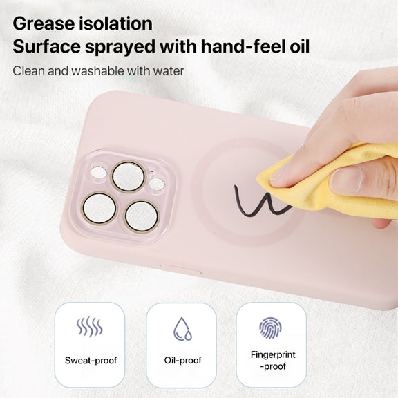 For iPhone 16 Liquid Silicone MagSafe Full Coverage Phone Case with Lens Film(Pink)