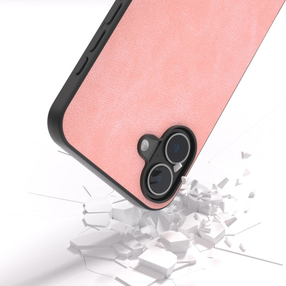 For iPhone 16 Black Frame PU Leather Full Coverage Phone Case(Pink)