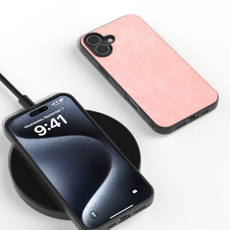 For iPhone 16 Black Frame PU Leather Full Coverage Phone Case(Pink)