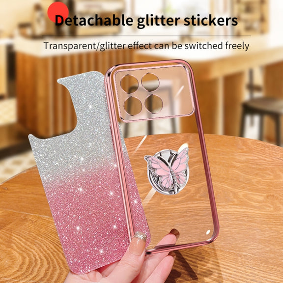 For Redmi K70 / K70 Pro Plated Gradient Glitter Butterfly Holder TPU Phone Case(Black)
