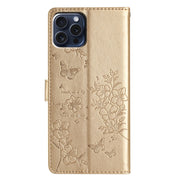 For iPhone 16 Pro Max Butterflies and Flowers Leather Phone Case(Gold)