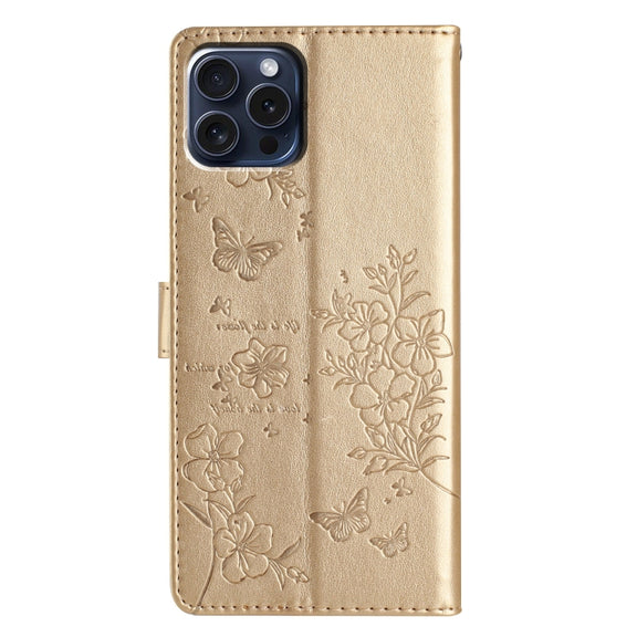 For iPhone 16 Pro Max Butterflies and Flowers Leather Phone Case(Gold)