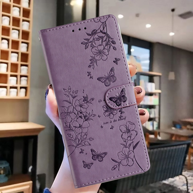 For iPhone 16 Pro Butterflies and Flowers Leather Phone Case(Purple)