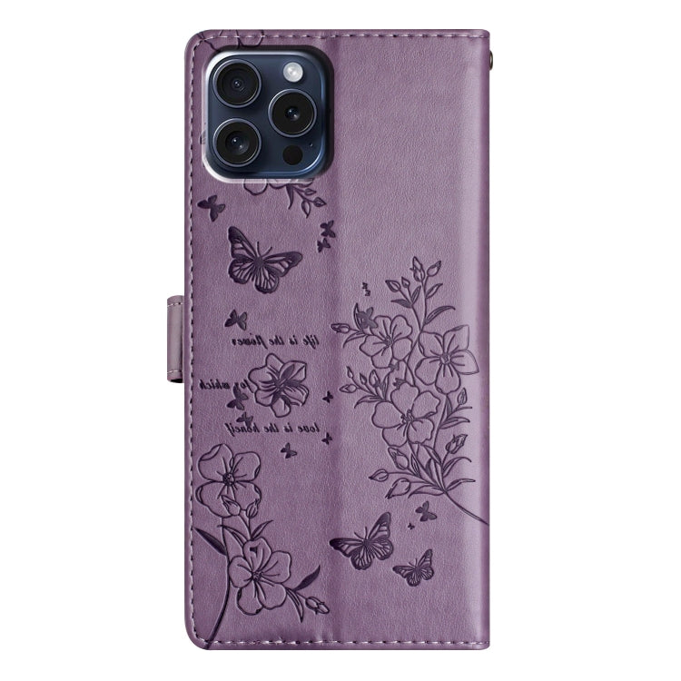 For iPhone 16 Pro Butterflies and Flowers Leather Phone Case(Purple)