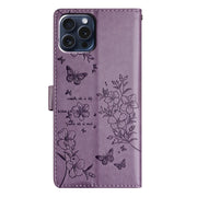 For iPhone 16 Pro Butterflies and Flowers Leather Phone Case(Purple)