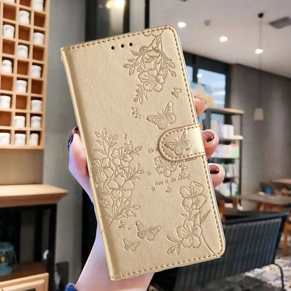 For iPhone 16 Plus Butterflies and Flowers Leather Phone Case(Gold)