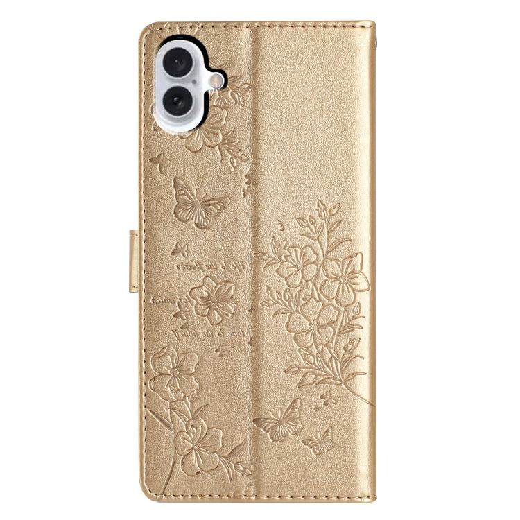 For iPhone 16 Plus Butterflies and Flowers Leather Phone Case(Gold)