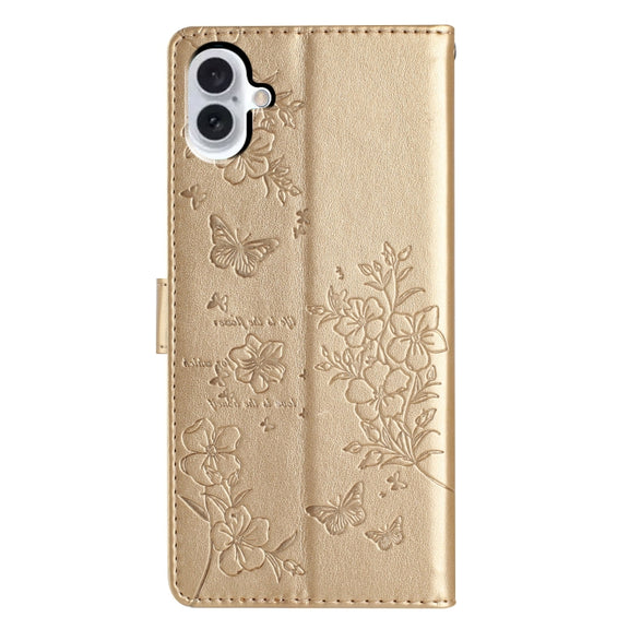 For iPhone 16 Plus Butterflies and Flowers Leather Phone Case(Gold)