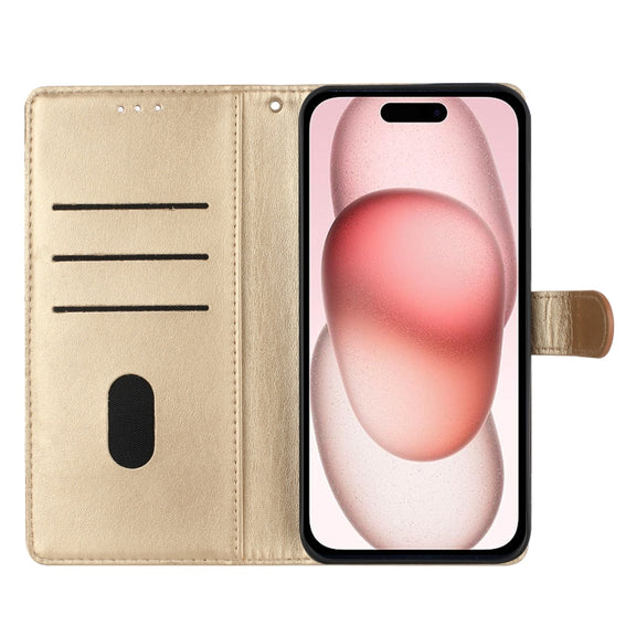 For iPhone 16 Plus Butterflies and Flowers Leather Phone Case(Gold)