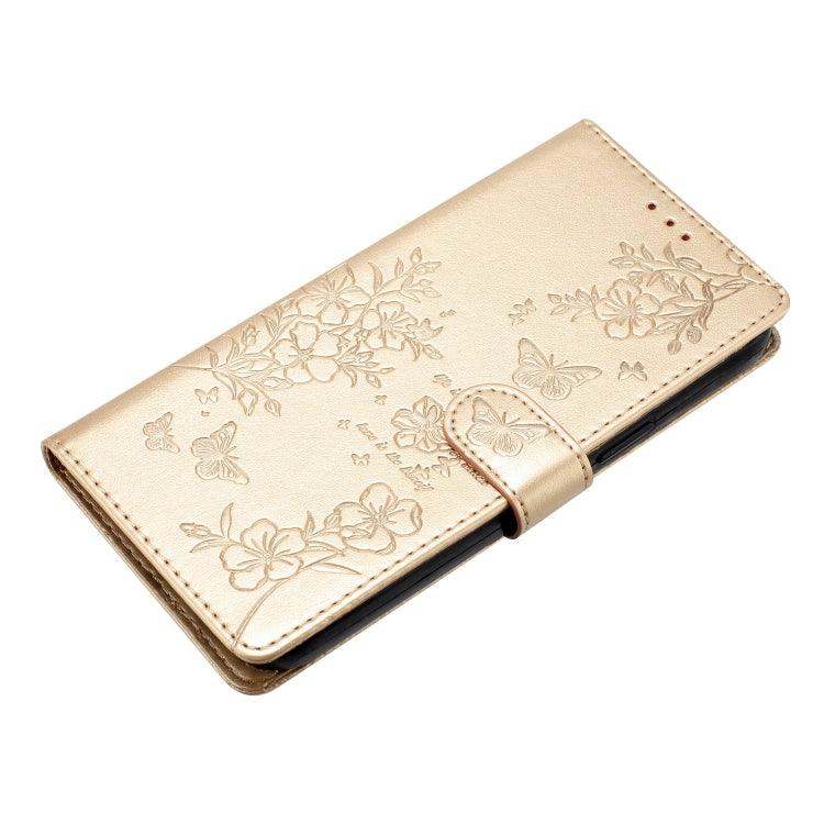 For iPhone 16 Plus Butterflies and Flowers Leather Phone Case(Gold)