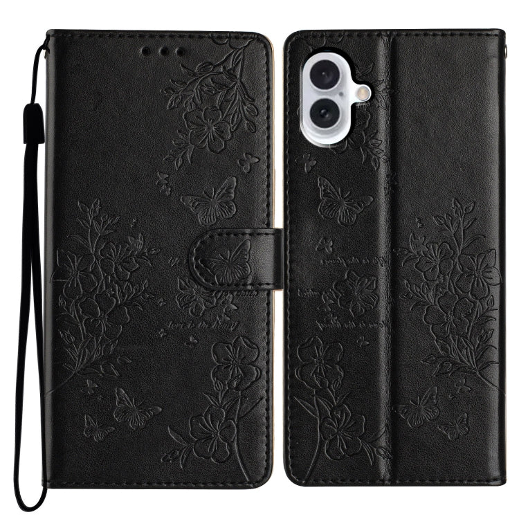 For iPhone 16 Butterflies and Flowers Leather Phone Case(Black)