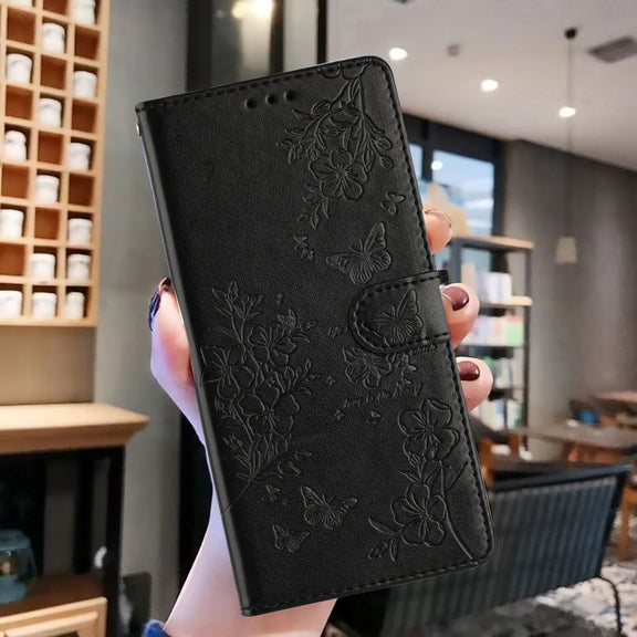 For iPhone 16 Butterflies and Flowers Leather Phone Case(Black)