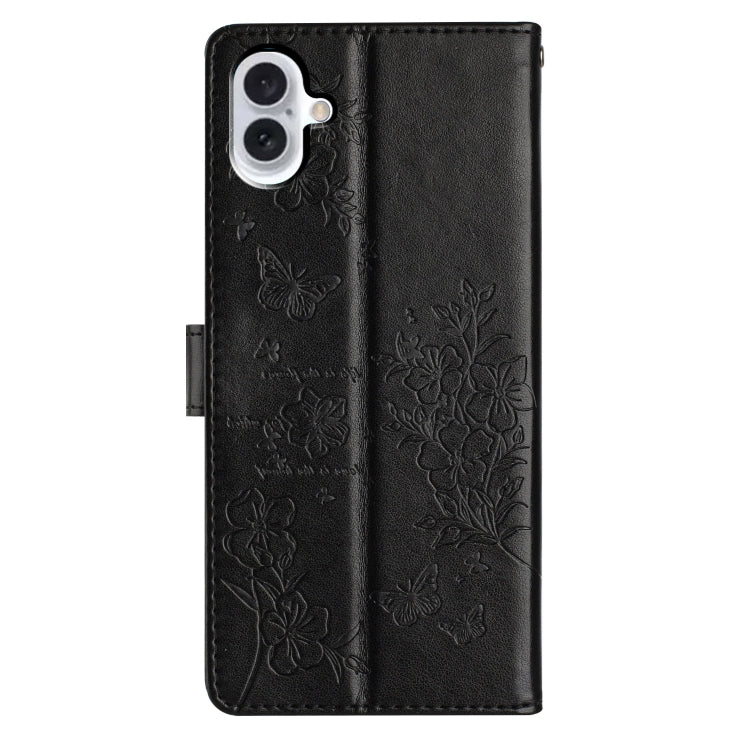 For iPhone 16 Butterflies and Flowers Leather Phone Case(Black)