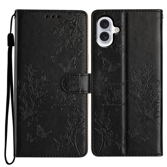 For iPhone 16 Butterflies and Flowers Leather Phone Case(Black)