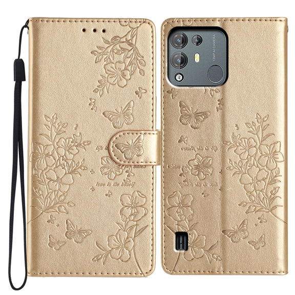 For Blackview A55 Pro Butterflies and Flowers Leather Phone Case(Gold)