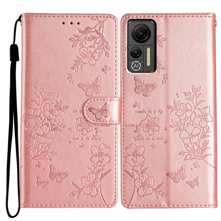 For Ulefone Note 14 Butterflies and Flowers Leather Phone Case(Rose Gold)
