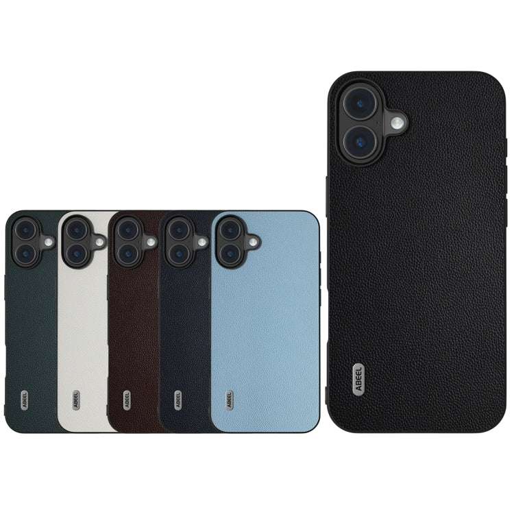 For iPhone 16 Plus ABEEL Black Frame Genuine Leather Elegant Phone Case(White)