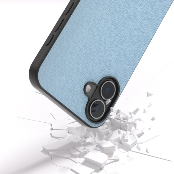 For iPhone 16 Plus ABEEL Black Frame Genuine Leather Elegant Phone Case(Sky Blue)