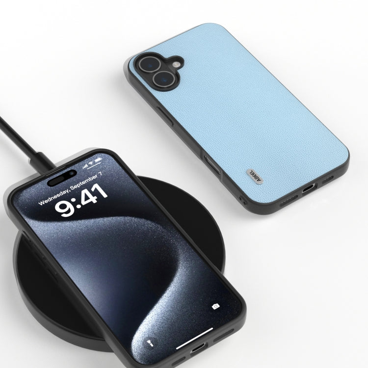 For iPhone 16 Plus ABEEL Black Frame Genuine Leather Elegant Phone Case(Sky Blue)