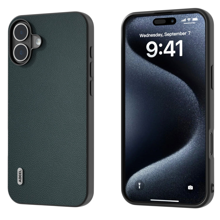 For iPhone 16 ABEEL Black Frame Genuine Leather Elegant Phone Case(Green)