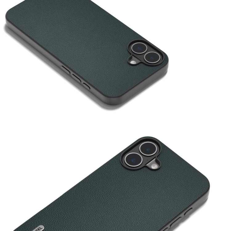 For iPhone 16 ABEEL Black Frame Genuine Leather Elegant Phone Case(Green)