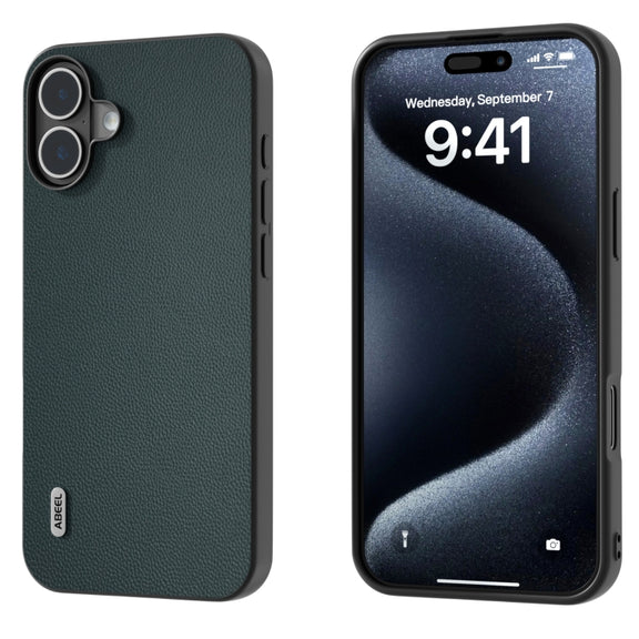 For iPhone 16 ABEEL Black Frame Genuine Leather Elegant Phone Case(Green)